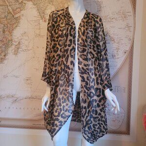 LLove tan black leopard print sheer kimono swimsuit cover up 3/4 sleeves boho 3X
